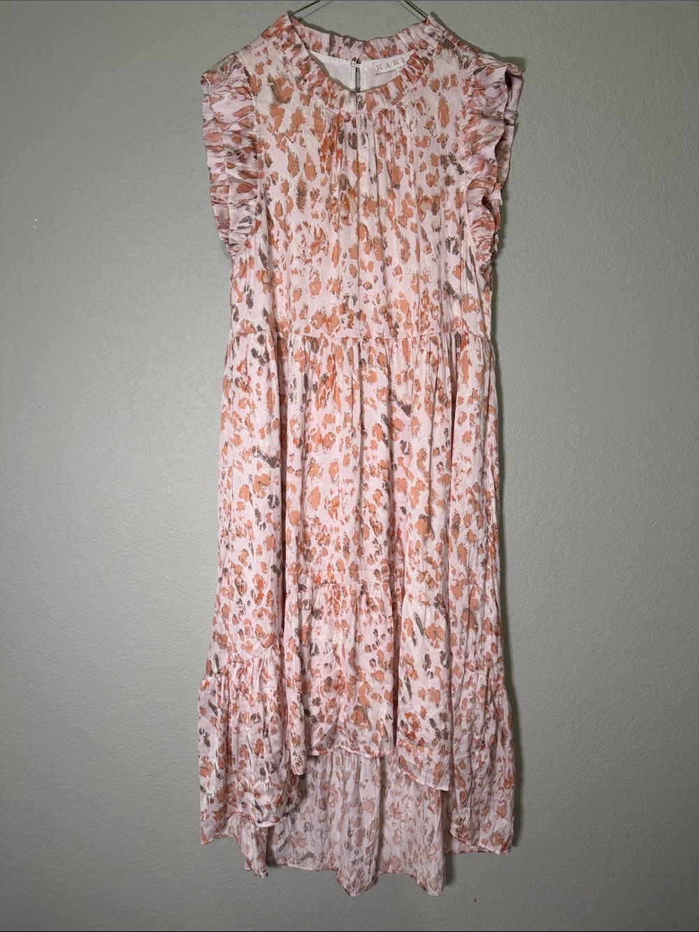 Karlie Pink White Ruffle Neck Dress Medium M Midi Maxi Cottegecore Boho Hi Low